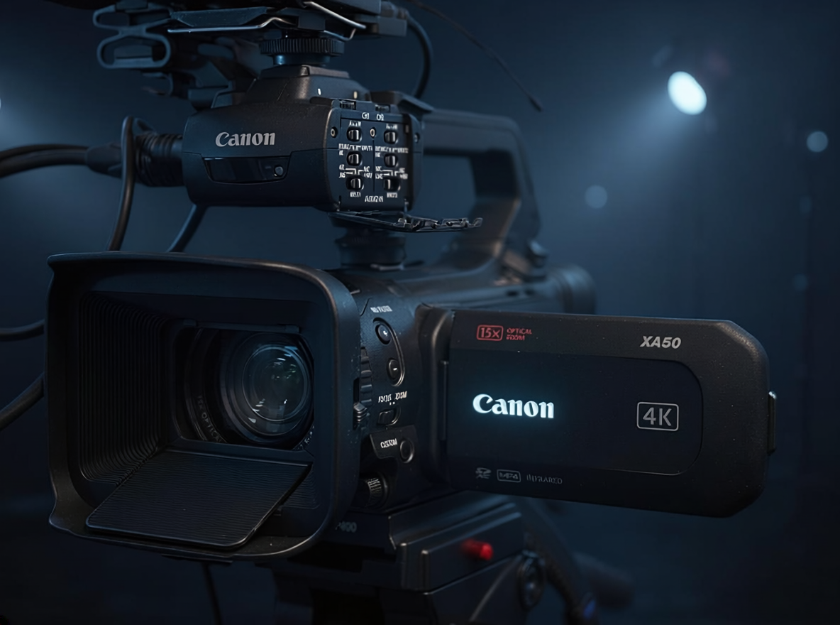 Professional Canon XA50 camcorder on tripod